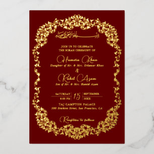 Artistic Red Gold Floral Paisley Muslim Wedding Foil Invitation
