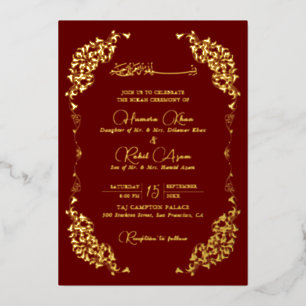 Artistic Red Gold Floral Paisley Muslim Wedding Foil Invitation