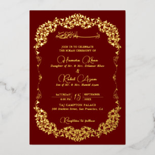 Artistic Red Gold Floral Paisley Muslim Wedding Foil Invitation