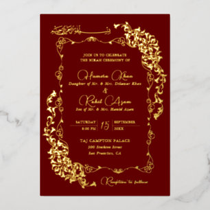 Artistic Red Gold Floral Paisley Muslim Wedding Foil Invitation