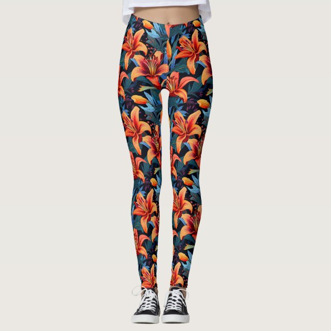 Artistic Red Tiger Lilly Flower Leggings (Front)
