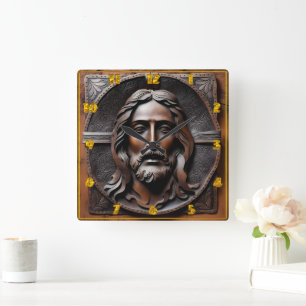 Artistic Relief of Jesus in Brown Tones Square Wall Clock