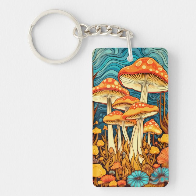 Artistic Retro Mushroom Forest Illustration Keychain (Front)