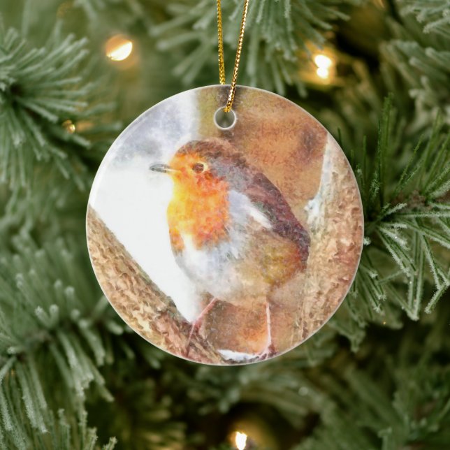 Artistic Robin Redbreast Perched  Ceramic Ornament (Tree)