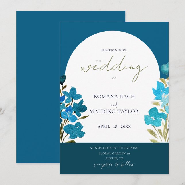 Artistic Romantic Blue Watercolor Wildflowers Invitation (Front/Back)