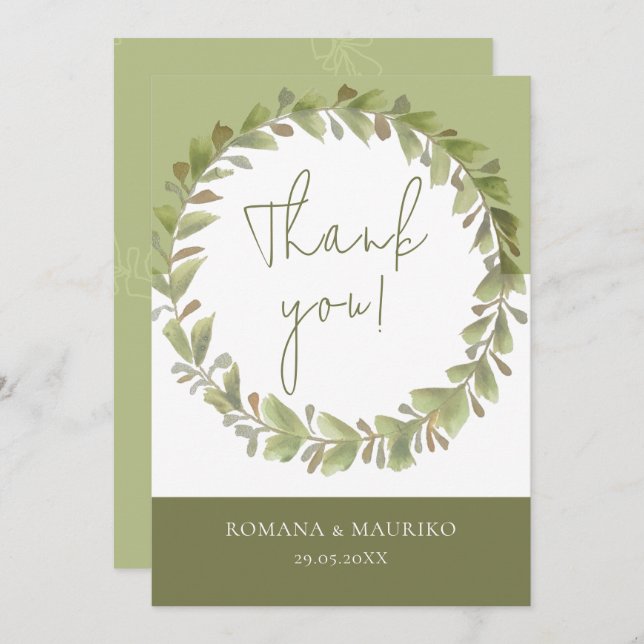 Artistic Romantic Green Wreath Thank You Card (Front/Back)