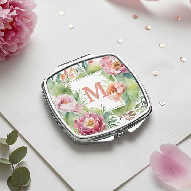 Artistic Romantic Watercolor Peony Floral Monogram Compact Mirror (Creator Uploaded)