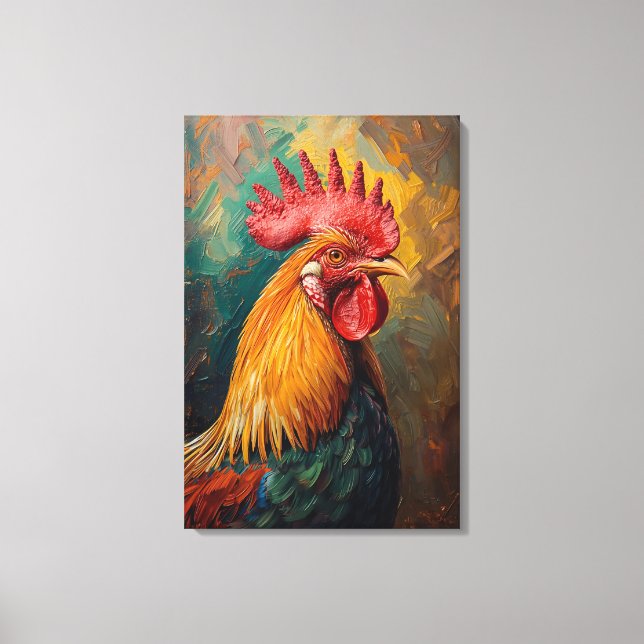 Artistic Rooster Portrait Vibrant Oil Painting Canvas Print (Front)