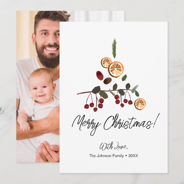 Artistic Rustic Tree foliage Merry Christmas Photo Holiday Card (Front/Back)