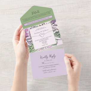 Artistic Sage Green Purple Wedding All In One Invitation