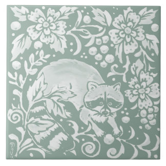 Artistic Sage Green Raccoon Forest Woodland Animal Ceramic Tile