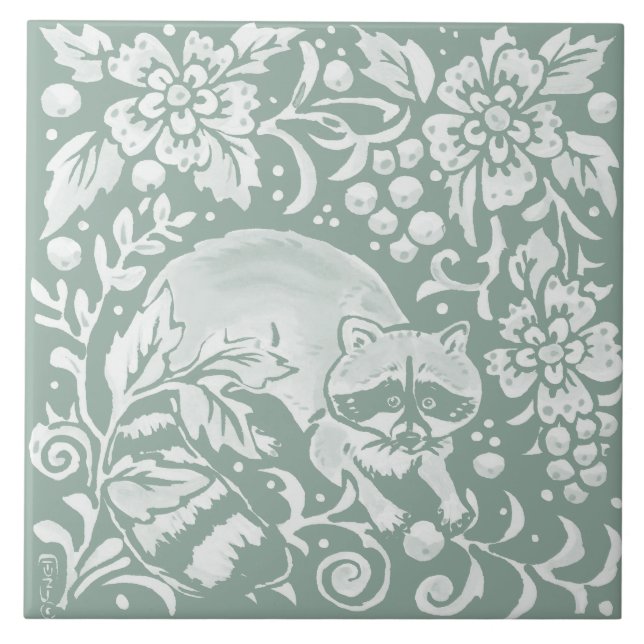 Artistic Sage Green Raccoon Forest Woodland Animal Ceramic Tile (Front)