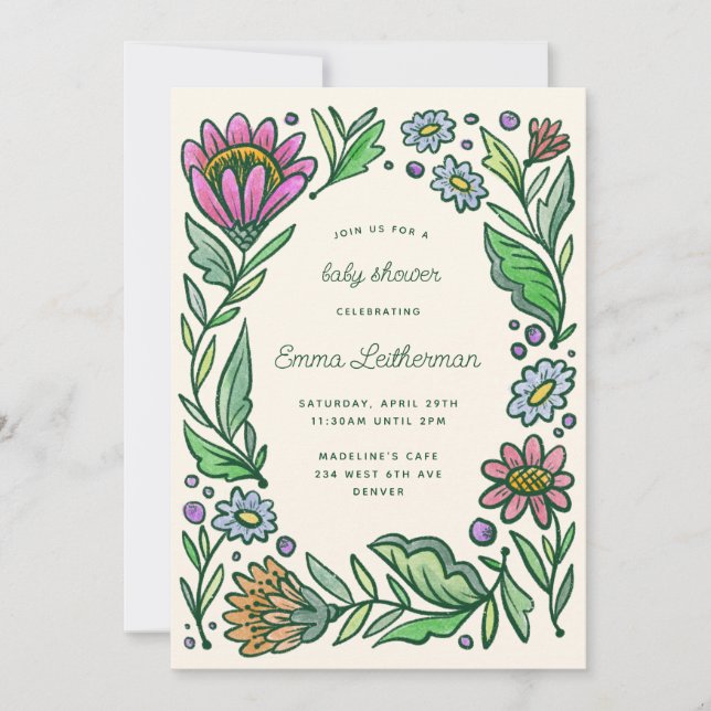 Artistic Scandinavian Folk Floral Baby Shower Invitation (Front)