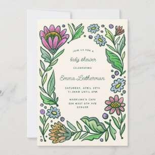 Artistic Scandinavian Folk Floral Baby Shower Invitation