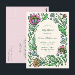 Artistic Scandinavian Folk Floral Baby Shower Postcard<br><div class="desc">Sweet and pretty, this baby shower invitation postcard is easily personalized and features a frame design of Scandinavian-inspired florals in pretty jewel and pastel tones giving it a colorful and softly rustic vibe. The back has a soft pink background to share the baby's gender as well as RSVP and registry...</div>