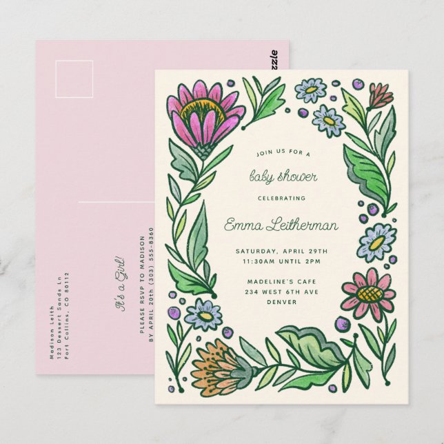 Artistic Scandinavian Folk Floral Baby Shower Postcard (Front/Back)
