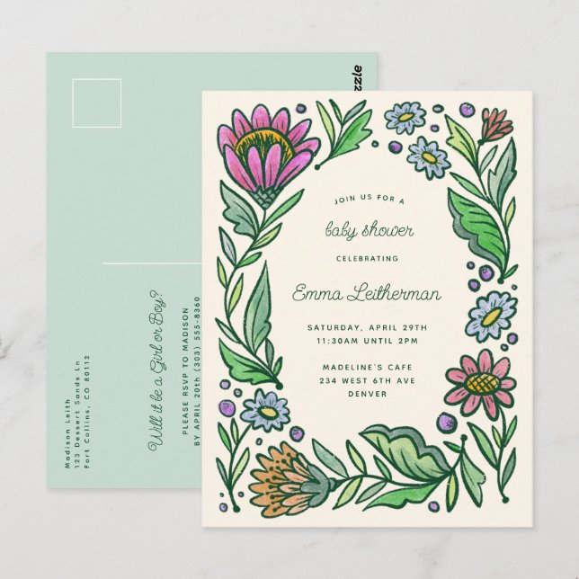 Artistic Scandinavian Folk Floral Baby Shower Postcard (Front/Back)