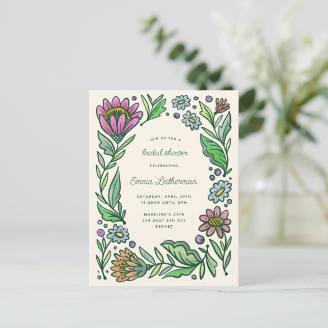 Artistic Scandinavian Folk Floral Bridal Shower Postcard (Standing Front)