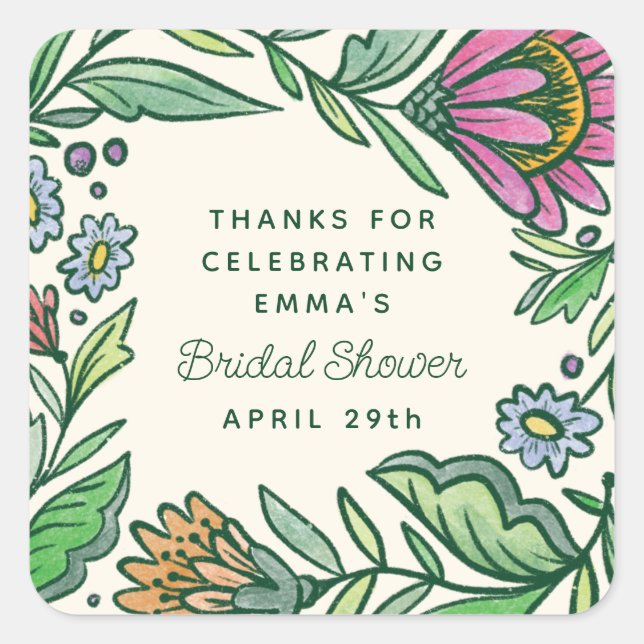 Artistic Scandinavian Folk Floral Bridal Shower Square Sticker (Front)