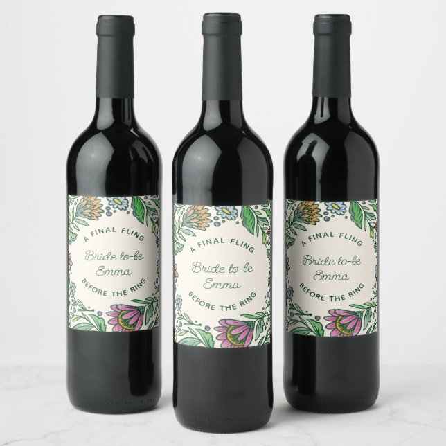 Artistic Scandinavian Folk Floral Bridal Shower Wine Label (Bottles)