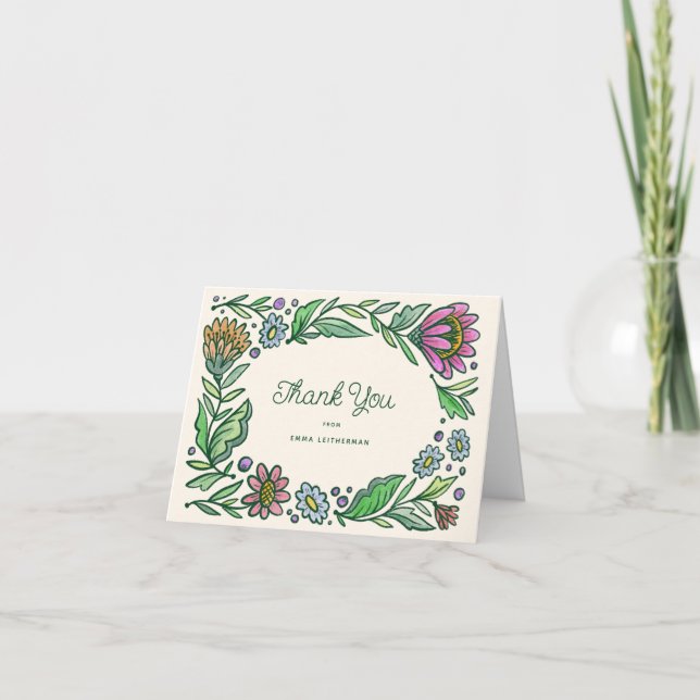 Artistic Scandinavian Folk Floral Thank You Card (Front)
