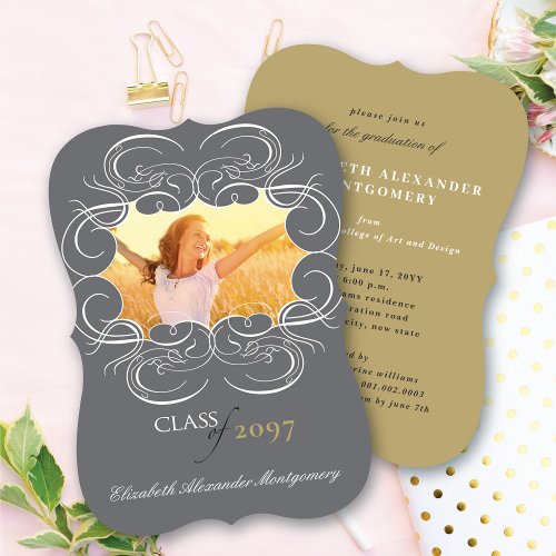 Artistic Scrolls Frame Photo Chic Graduation Party Invitation