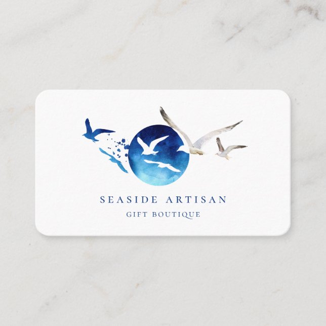 Artistic Seaside Watercolor Birds Logo Business Card (Front)