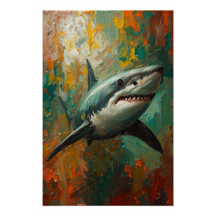Artistic Shark Portrait Vibrant Oil Painting Poster