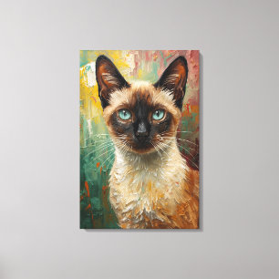 Artistic Siamese Cat Portrait Vibrant Oil Painting Canvas Print