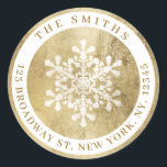 Artistic snowflake faux gold Return Address Classic Round Sticker<br><div class="desc">Personalized round Christmas return address labels feature decorative faux gold snowflake and border,   modern and trendy.</div>