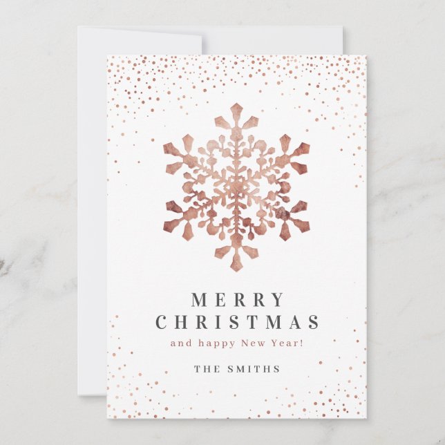 Artistic snowflake faux rose gold Christmas cards (Front)