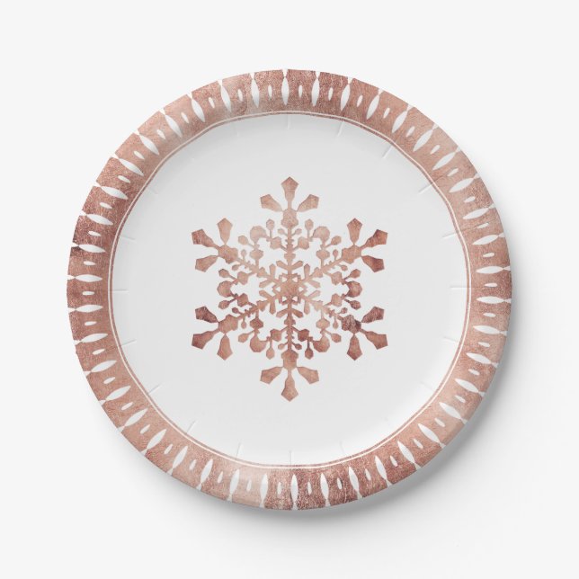 Artistic snowflake faux rose gold Christmas Paper Plates (Front)
