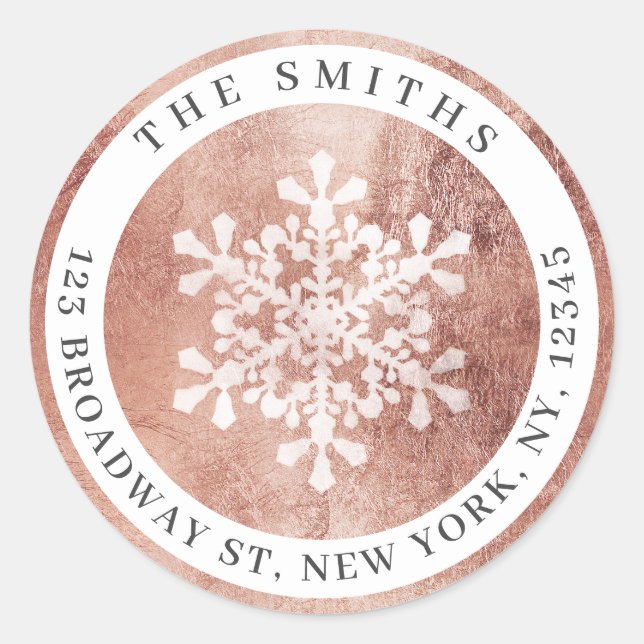Artistic snowflake rose gold Return Address Classic Round Sticker (Front)