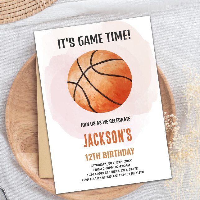 Artistic Sports Theme for Kids Invitation (Watercolor Basketball Birthday Invitations)