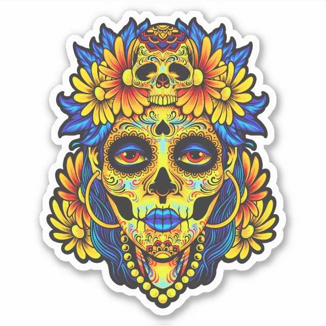 Artistic Sugar Skull Illustration Design Sticker (Front)