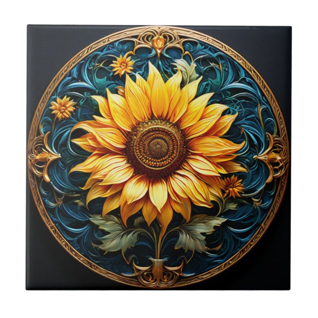 Artistic Sunflower on Black Ceramic Tile (Front)