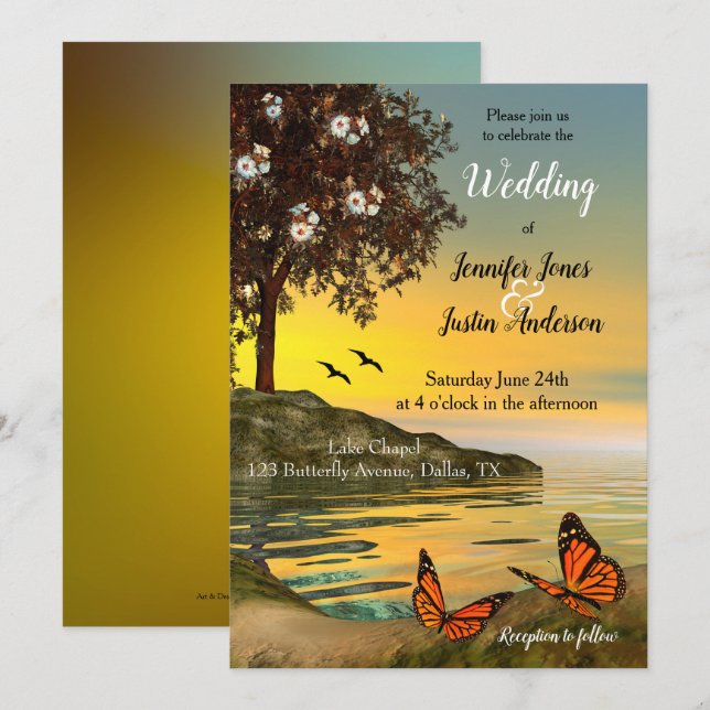 Artistic Sunset Lake Butterfly Wedding Invitation (Front/Back)