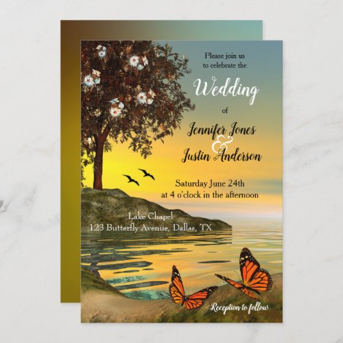 Artistic Sunset Lake Butterfly Wedding Invitation