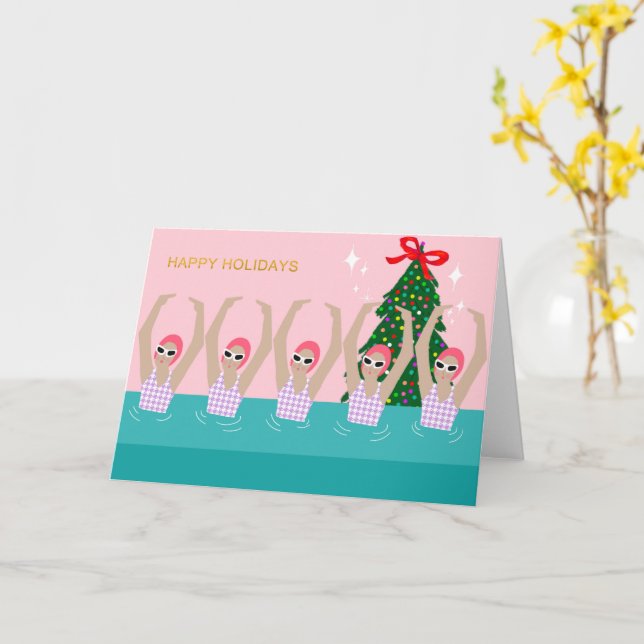 Artistic Swimmers Illustration Christmas Holiday Card (Yellow Flower)