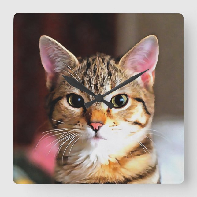 Artistic Tabby Cat Kitten Portrait Square Wall Clock (Front)