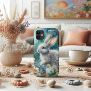 Artistic Teal Blue Watercolor Floral Bunny iPhone 11 Case