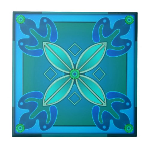 Artistic Teal Floral Design Bathroom Tile