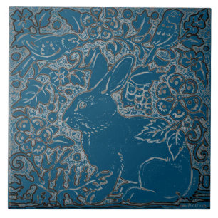 Artistic Teal Rabbit Bird Animal Floral Foliage Ceramic Tile