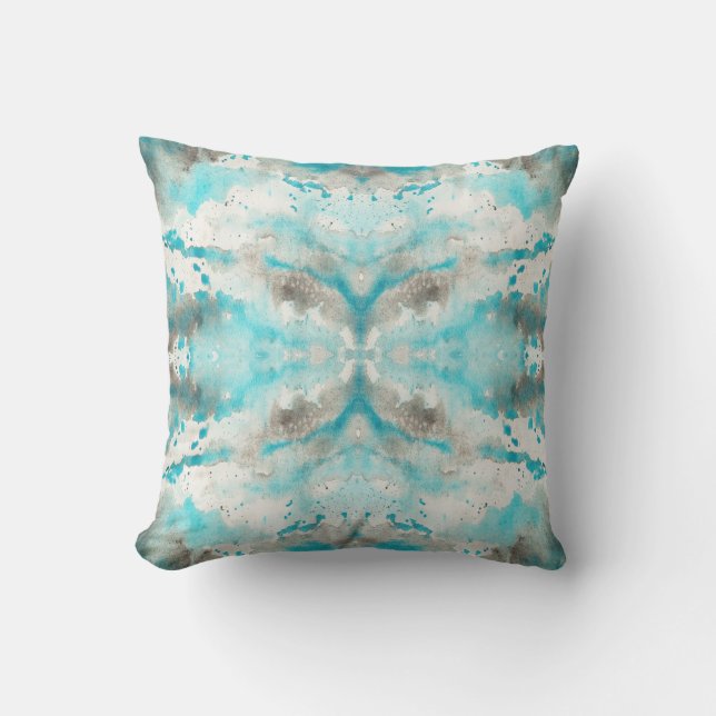 Artistic teal white gray paper watercolor pattern throw pillow (Front)