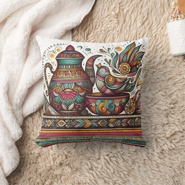 Artistic teapot and bowl with intricate patterns throw pillow (Blanket)