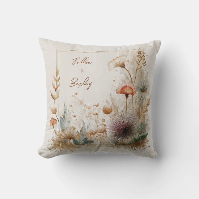 Artistic Textured Botanical Seed Pod Gold Splatter Throw Pillow (Front)