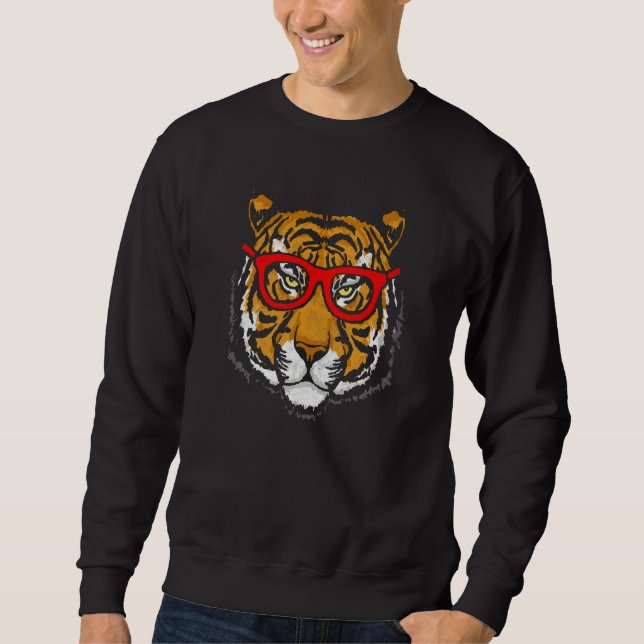 Artistic Tiger Head & Hipster Glasses Funny Graphi Sweatshirt (Front)