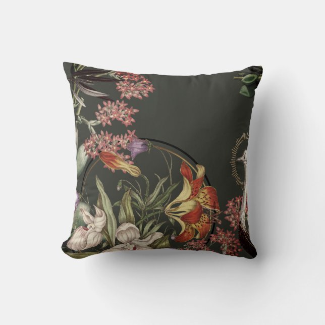 Artistic Tiger Lily & Floral Design | Green Throw Pillow (Front)