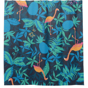Artistic Tropical: Flamingo Pineapple Pattern. Shower Curtain