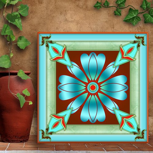 Artistic Turquoise Floral Kitchen or Bathroom Tile